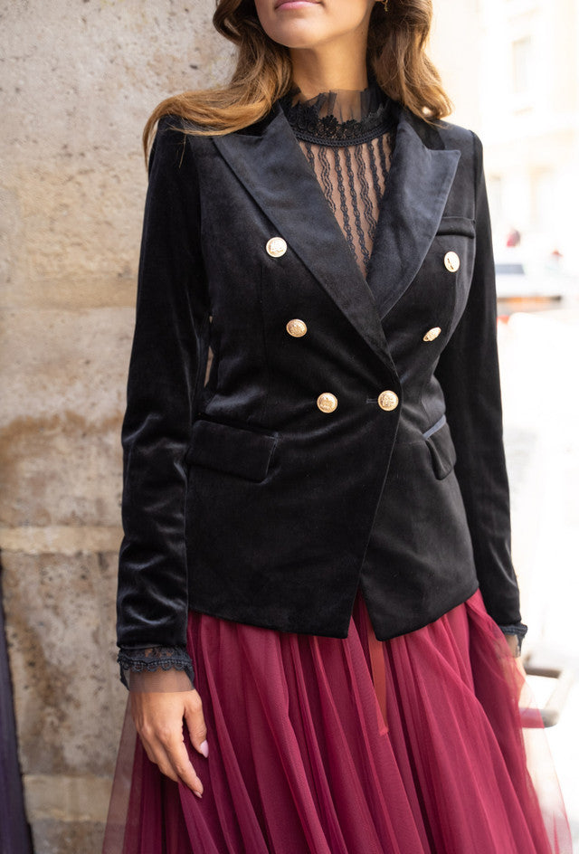 ROSA Velvet Double Breasted Golden Button Blazer  Black Navy Bottle Green