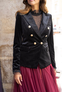 ROSA Velvet Double Breasted Golden Button Blazer  Black Navy Bottle Green